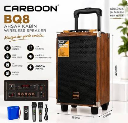 Carboon B-Q8 ÇİFT Mikrofonlu Kumandalı Taşınabilir Tekerlekli Bluetooth Hoparlör Kahverengi